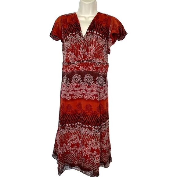 Coldwater Creek 100% Silk Dress Midi Dress Sz 14 flutter sleeve Red Orange Boho - Picture 1 of 4